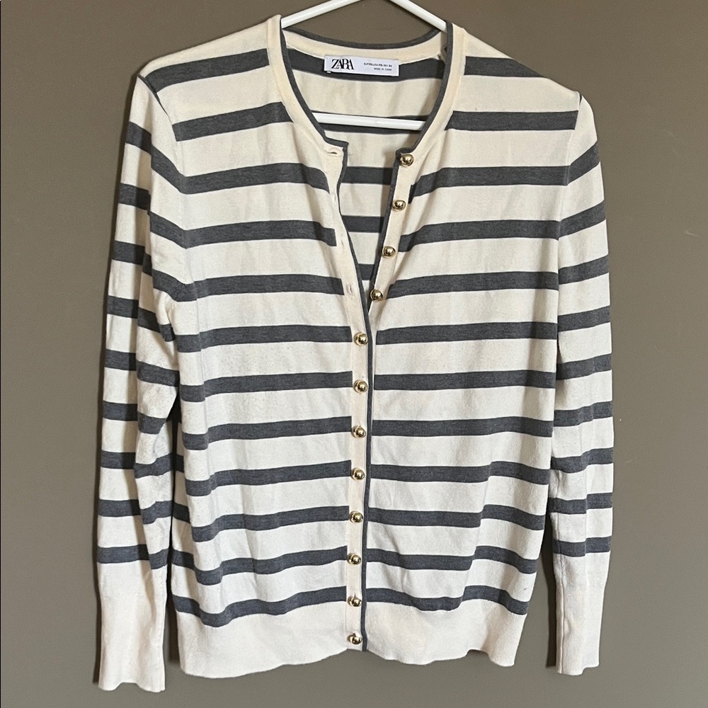 Zara Women's Cream and Gray Striped Cardigan